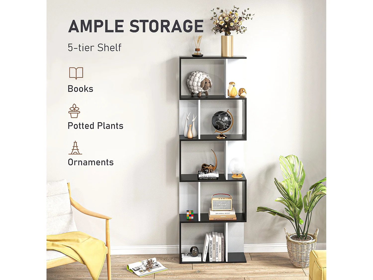 Nolia S Shaped Black and White Freestanding Bookcase 5 Tier Tall Shelf 60 x 24 x 184.5cm