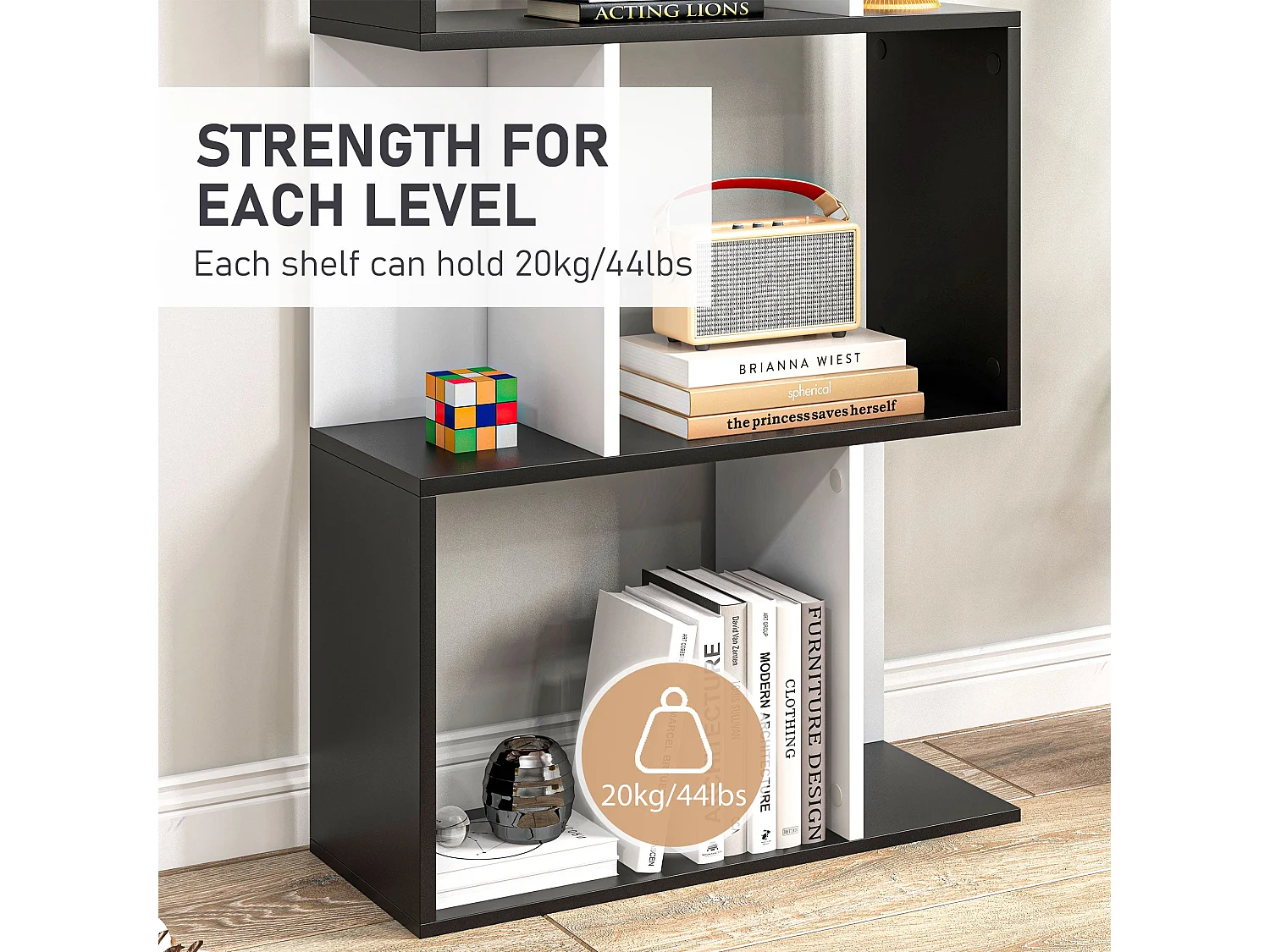 Nolia S Shaped Black and White Freestanding Bookcase 5 Tier Tall Shelf 60 x 24 x 184.5cm