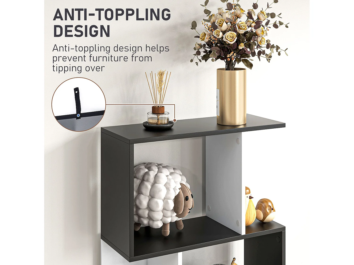 Nolia S Shaped Black and White Freestanding Bookcase 5 Tier Tall Shelf 60 x 24 x 184.5cm