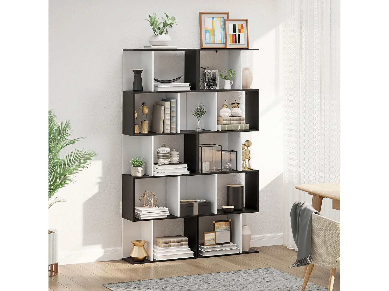 Nolia S Shaped Black and White Freestanding Bookcase 5 Tier Tall Shelf 60 x 24 x 184.5cm