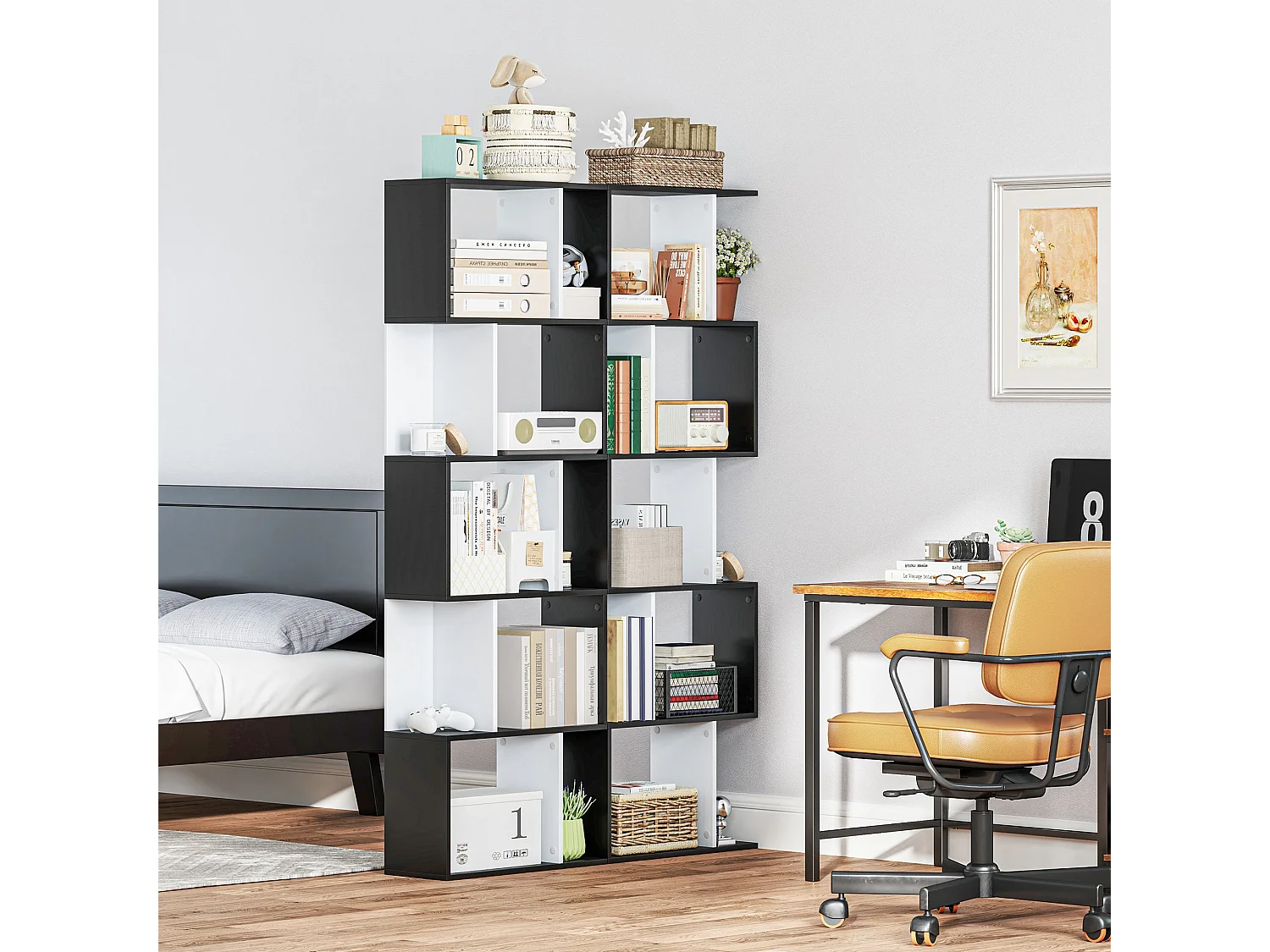 Nolia S Shaped Black and White Freestanding Bookcase 5 Tier Tall Shelf 60 x 24 x 184.5cm