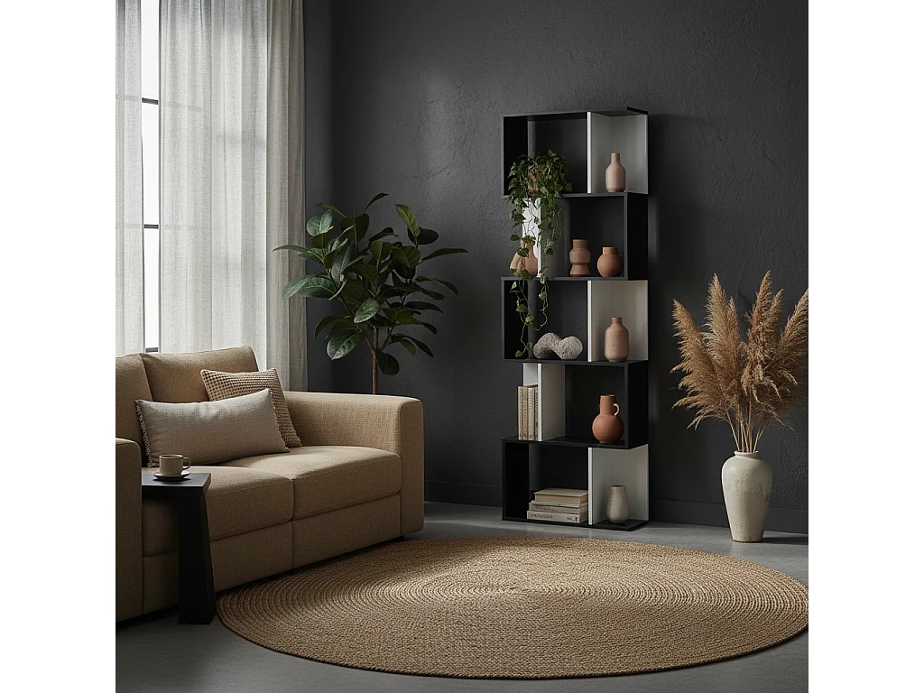 Nolia S Shaped Black and White Freestanding Bookcase 5 Tier Tall Shelf 60 x 24 x 184.5cm