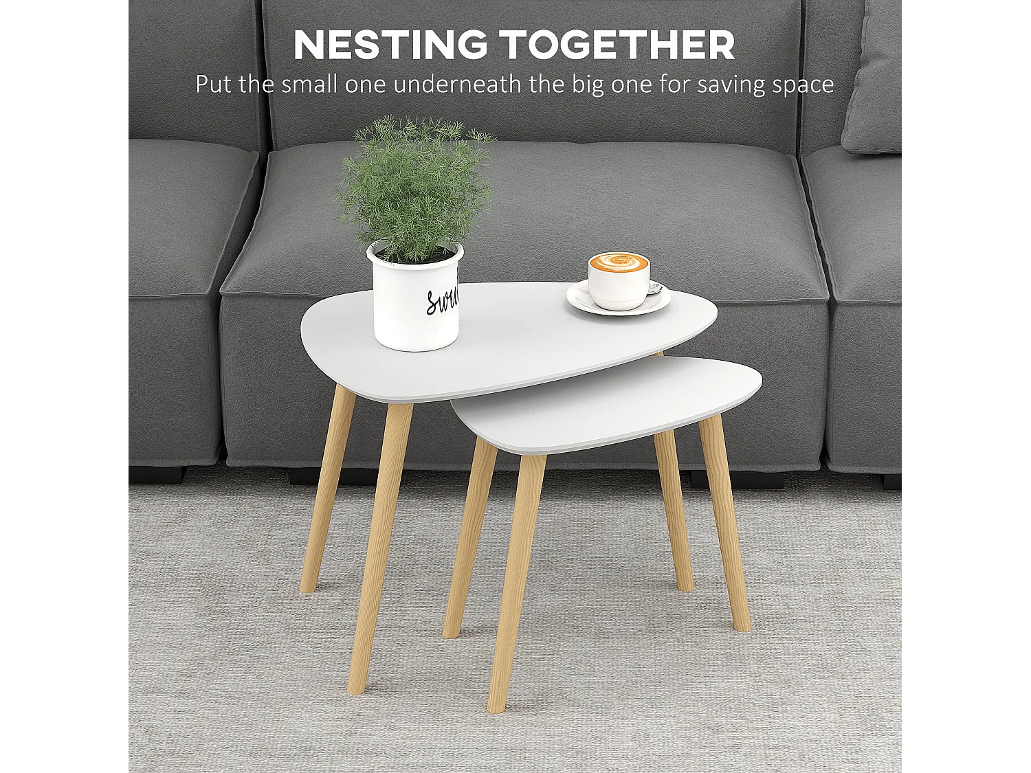 Keline Set of 2 Light Grey Nesting Side Tables with Solid Pine Legs
