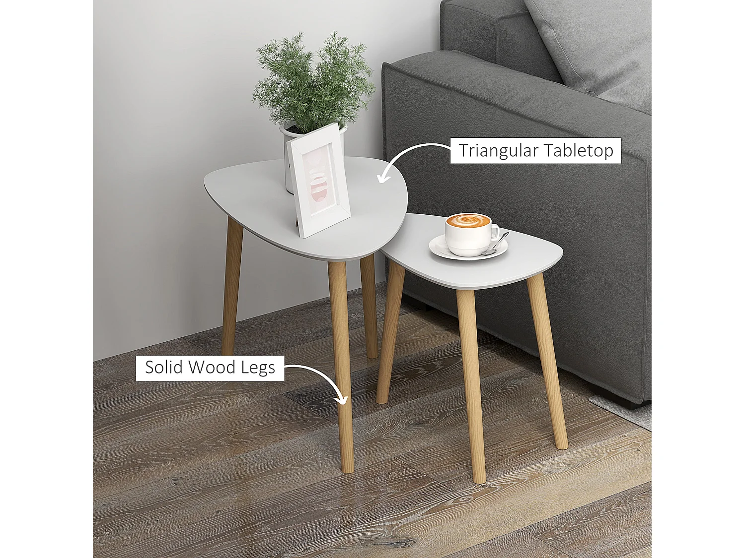 Keline Set of 2 Light Grey Nesting Side Tables with Solid Pine Legs