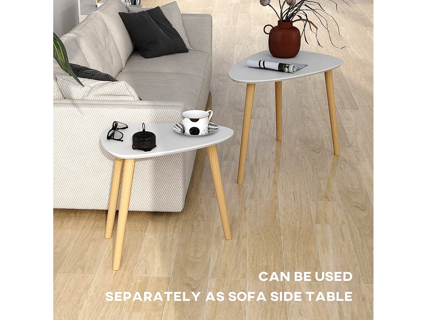 Keline Set of 2 Light Grey Nesting Side Tables with Solid Pine Legs