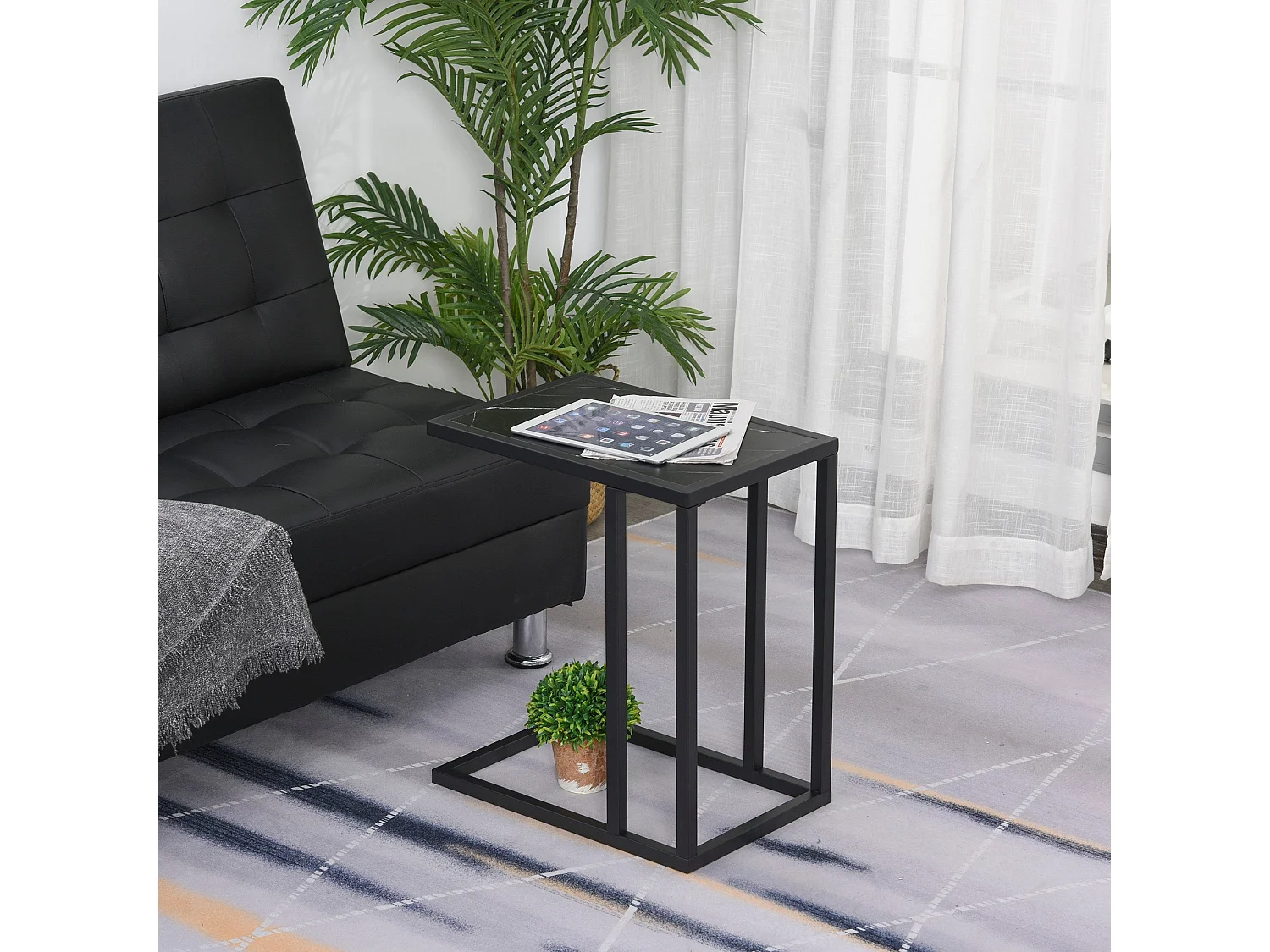 Rase Metal C Shaped Side Table Black Marble Effect Top