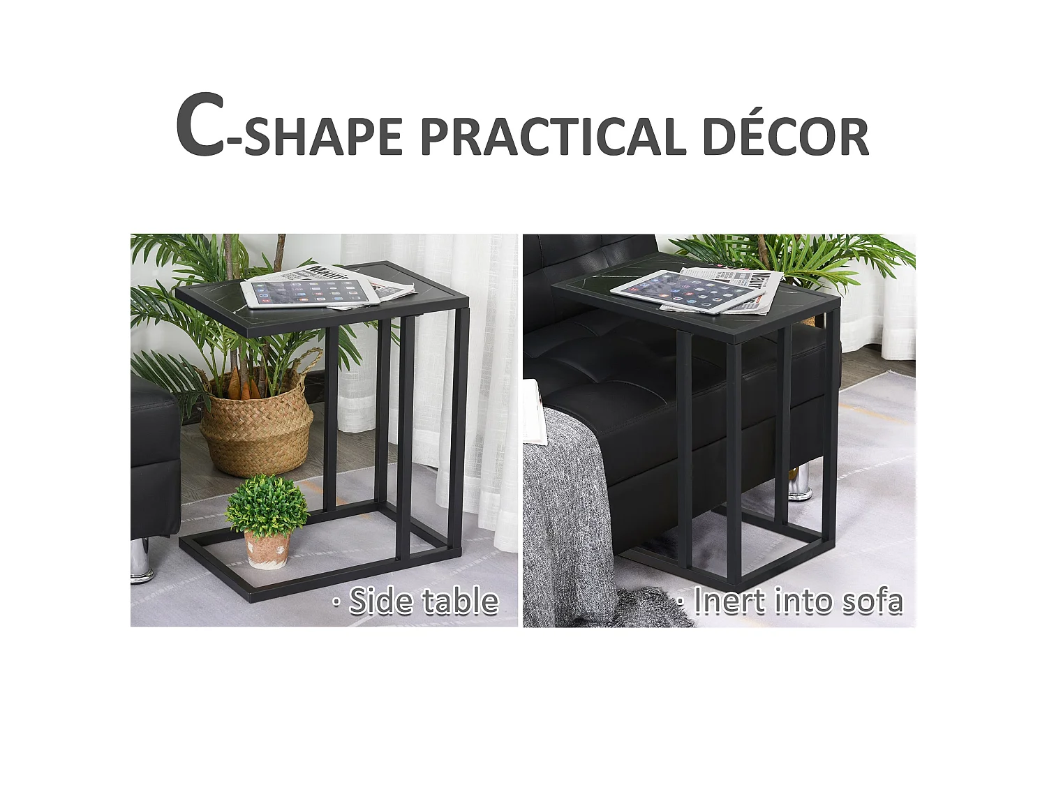 Rase Metal C Shaped Side Table Black Marble Effect Top