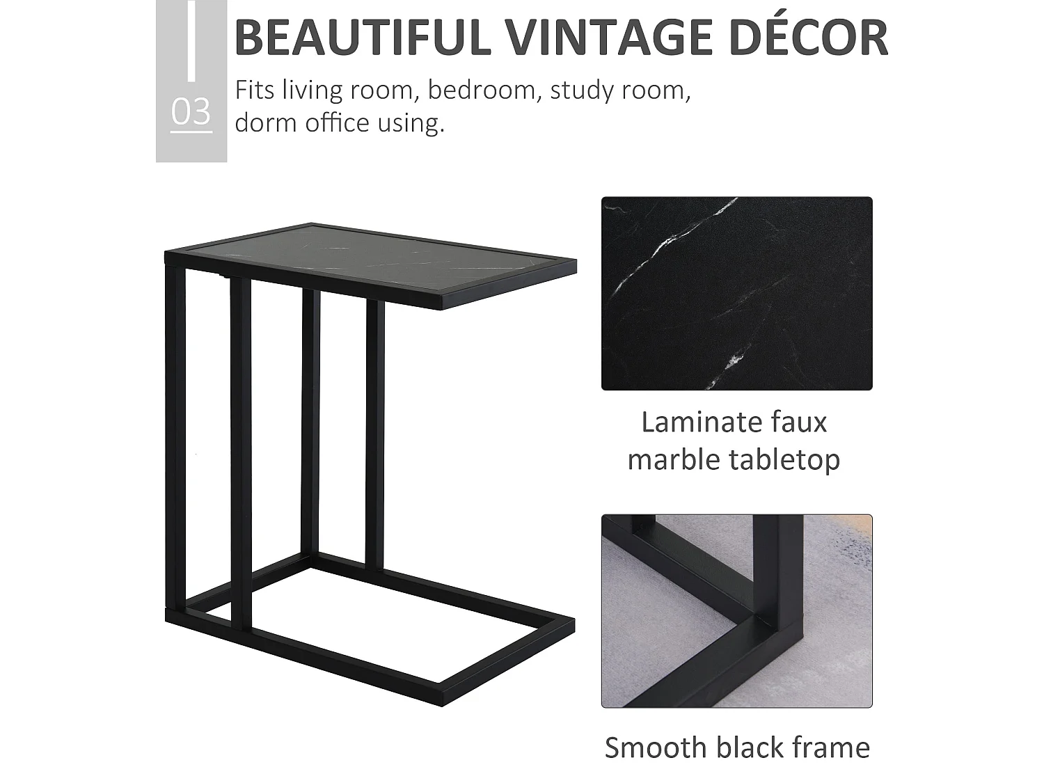 Rase Metal C Shaped Side Table Black Marble Effect Top