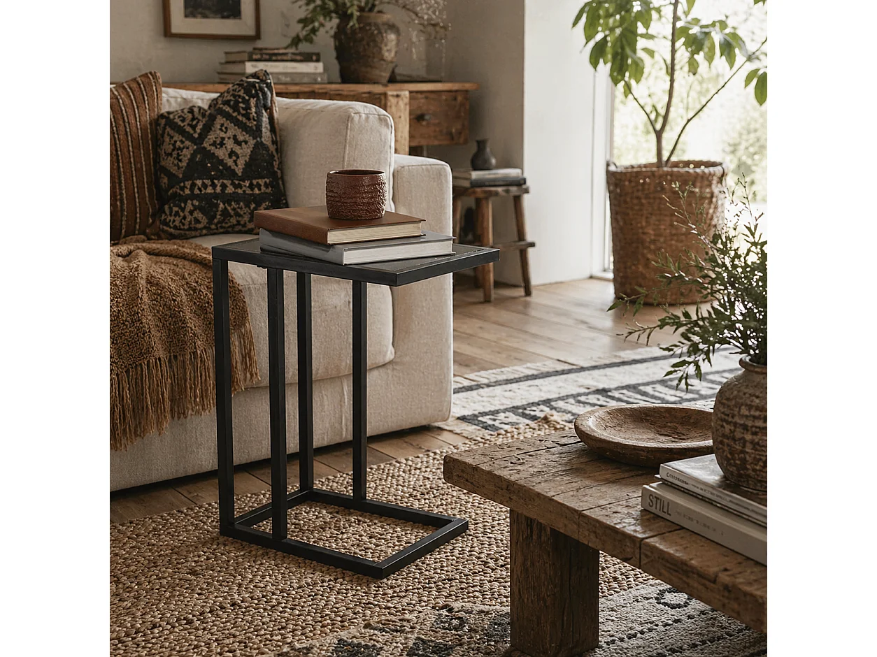 Rase Metal C Shaped Side Table Black Marble Effect Top