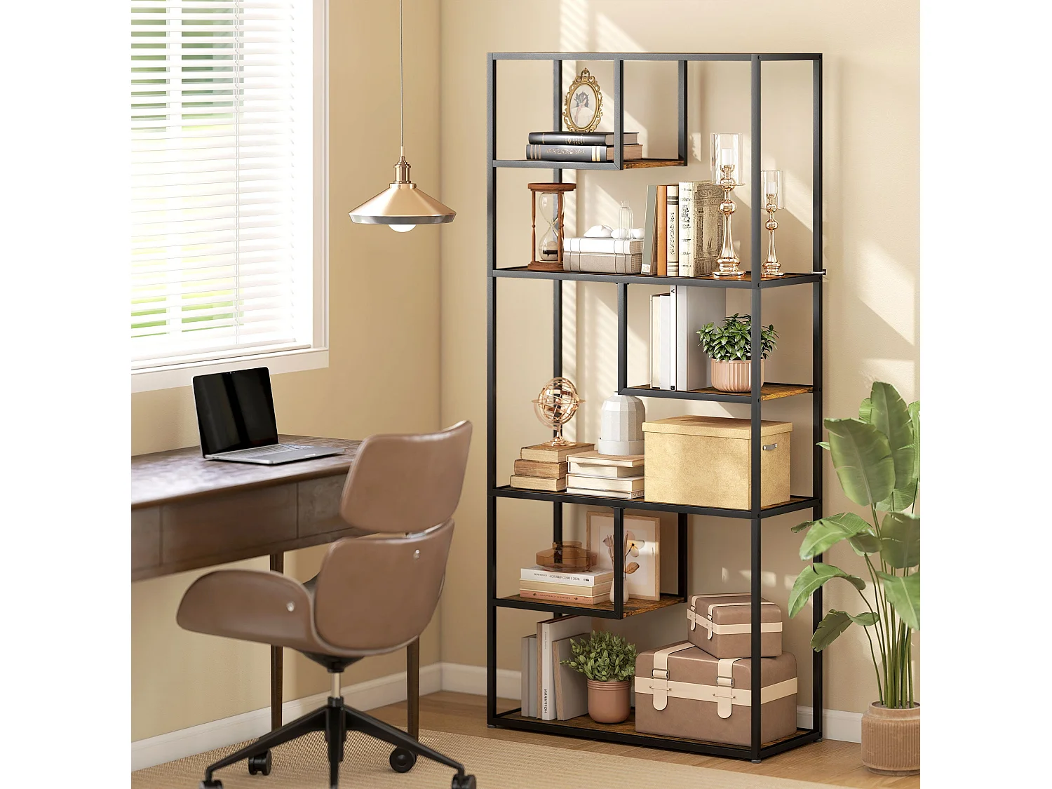 Tadoro 6 Tier Industrial Shelving Bookcase Rustic Brown Wood and Black Steel