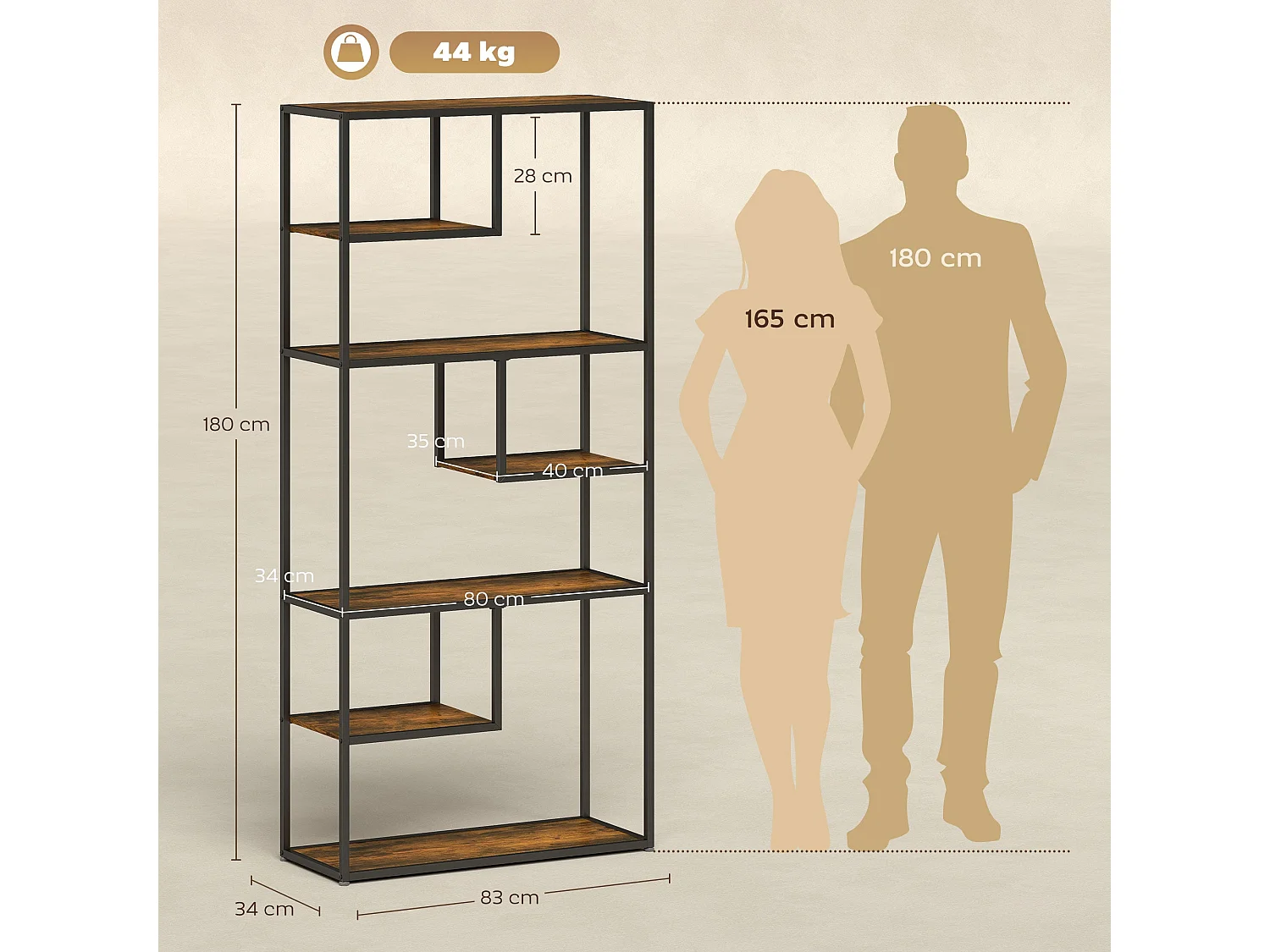 Tadoro 6 Tier Industrial Shelving Bookcase Rustic Brown Wood and Black Steel