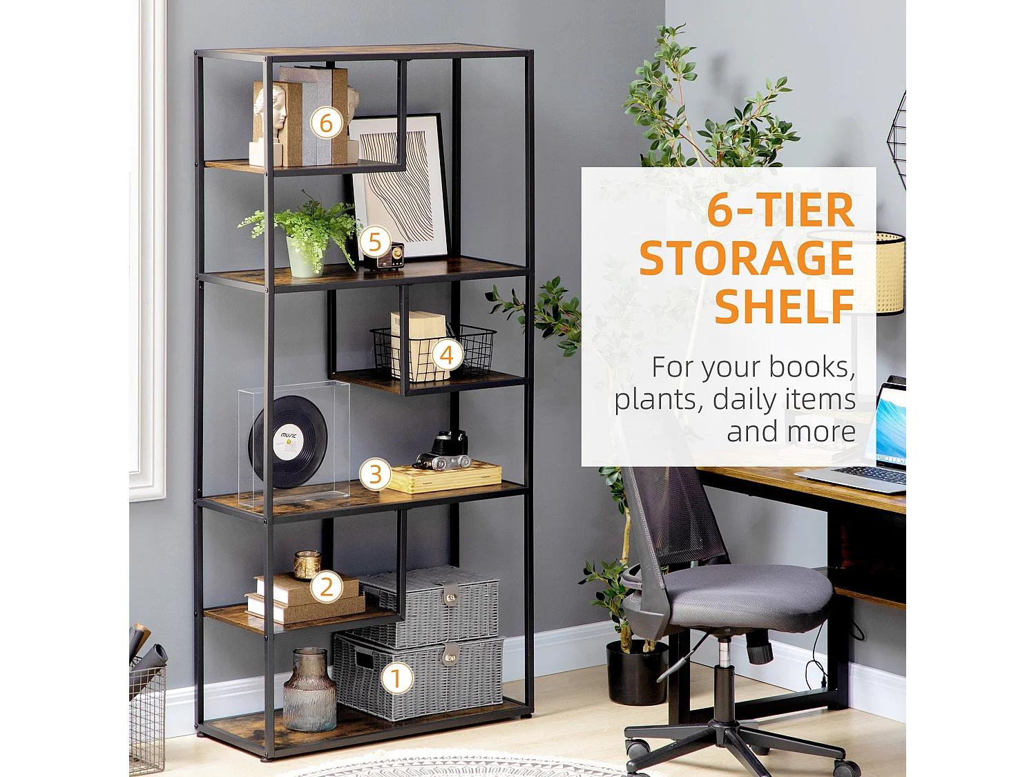 Tadoro 6 Tier Industrial Shelving Bookcase Rustic Brown Wood and Black Steel