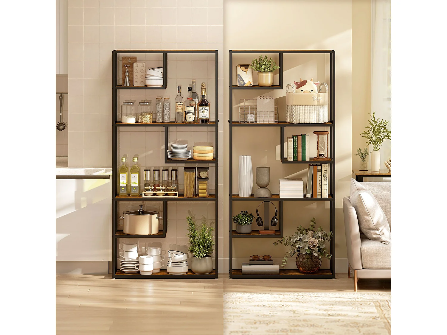 Tadoro 6 Tier Industrial Shelving Bookcase Rustic Brown Wood and Black Steel