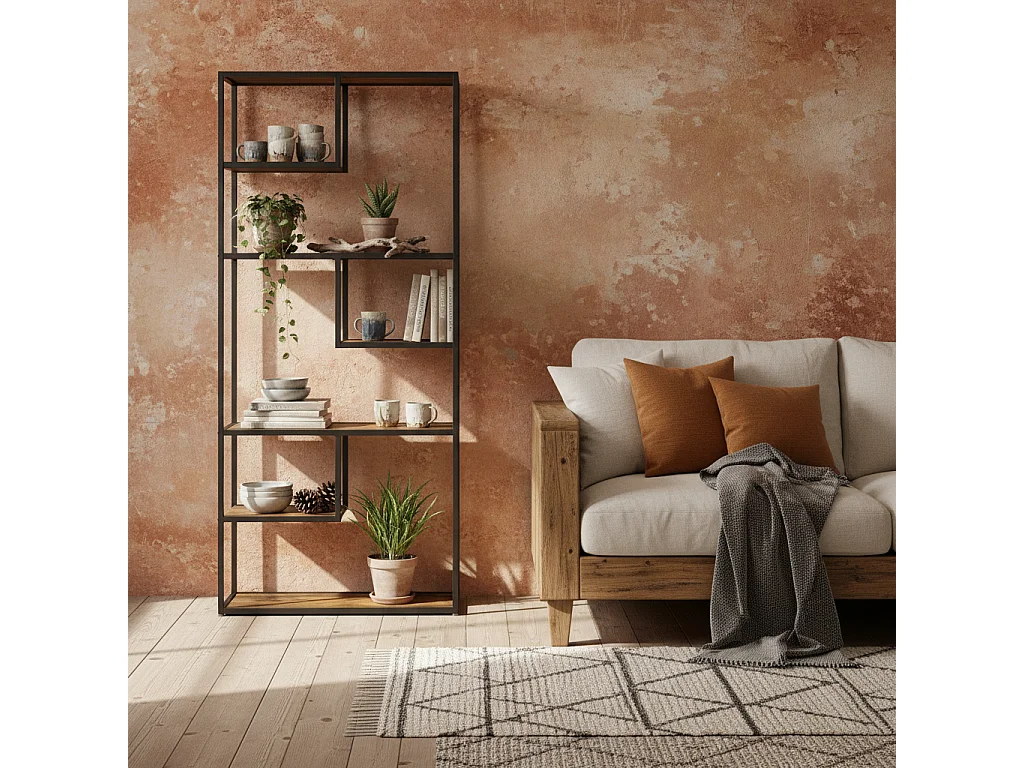 Tadoro 6 Tier Industrial Shelving Bookcase Rustic Brown Wood and Black Steel