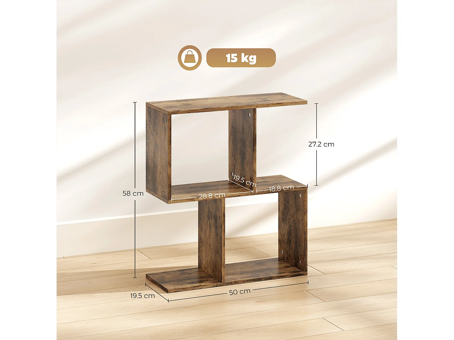 Rose Rustic Brown S Shaped Narrow Side Table with 3 Tiers