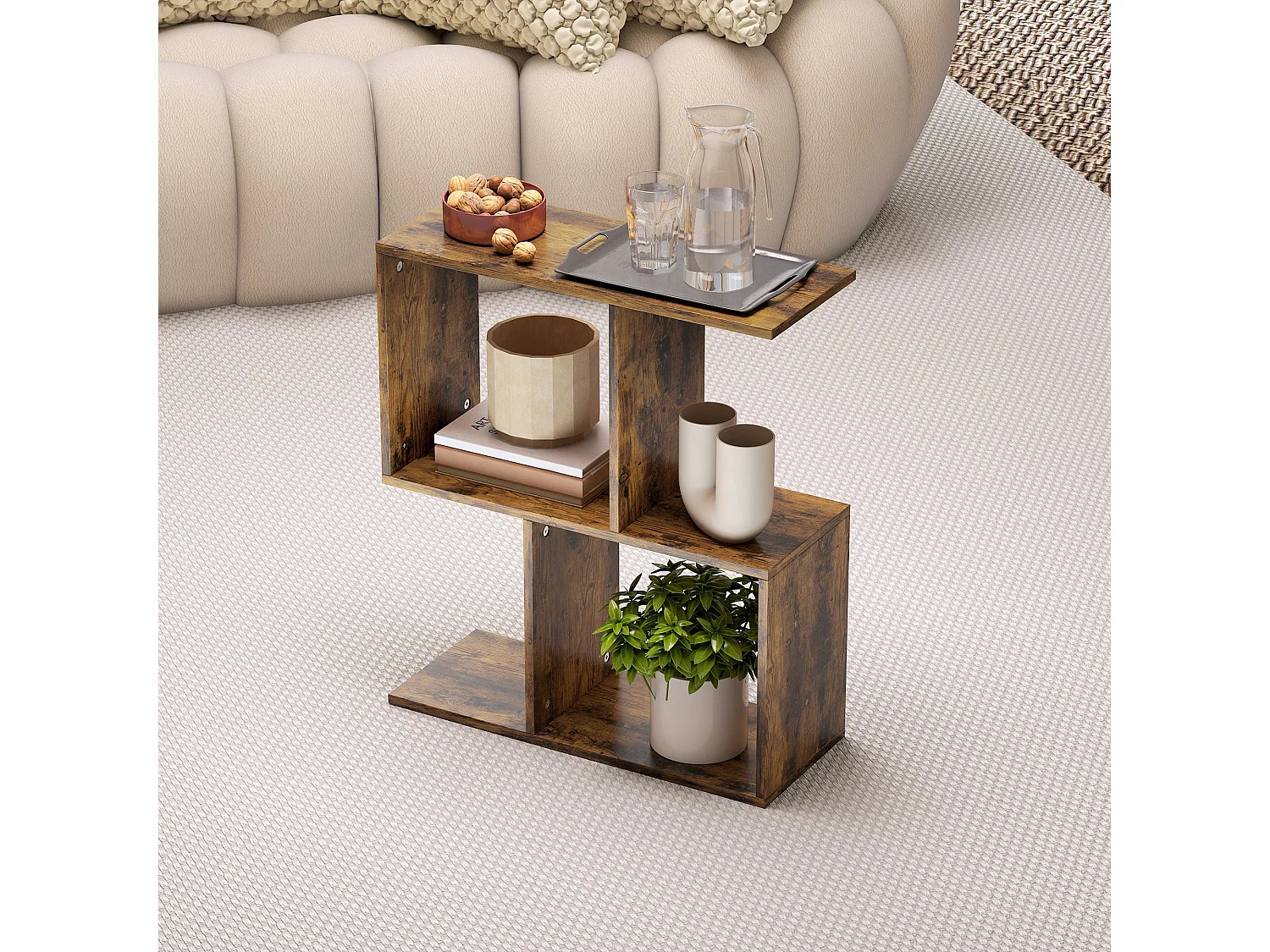 Rose Rustic Brown S Shaped Narrow Side Table with 3 Tiers
