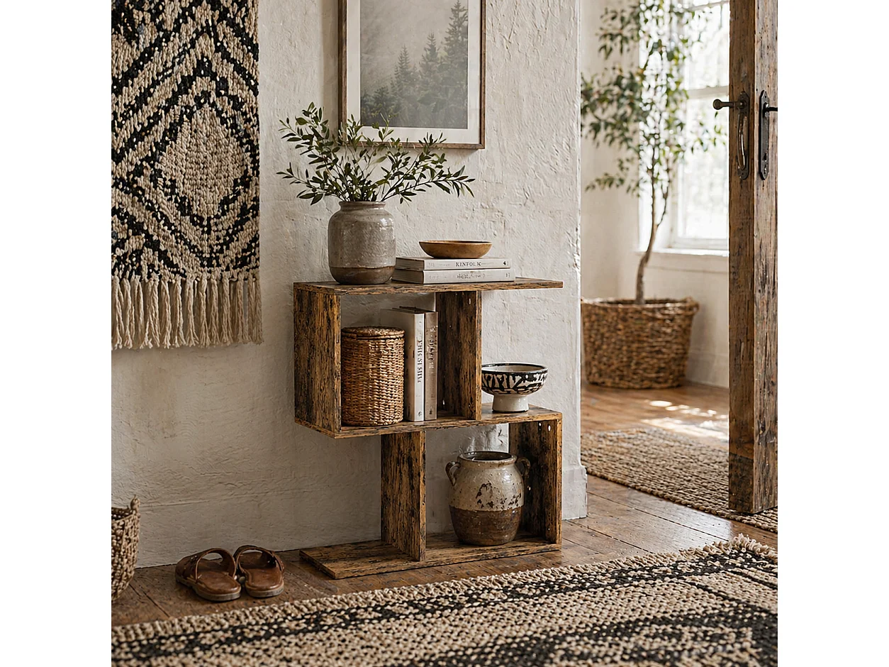 Rose Rustic Brown S Shaped Narrow Side Table with 3 Tiers