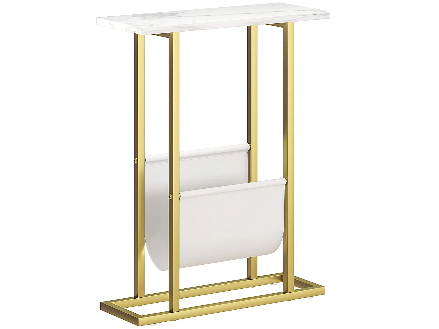 Vanozi Slim White Marble Grain Side Table with Gold Frame and Magazine Shelf
