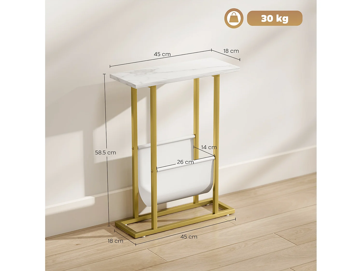 Vanozi Slim White Marble Grain Side Table with Gold Frame and Magazine Shelf