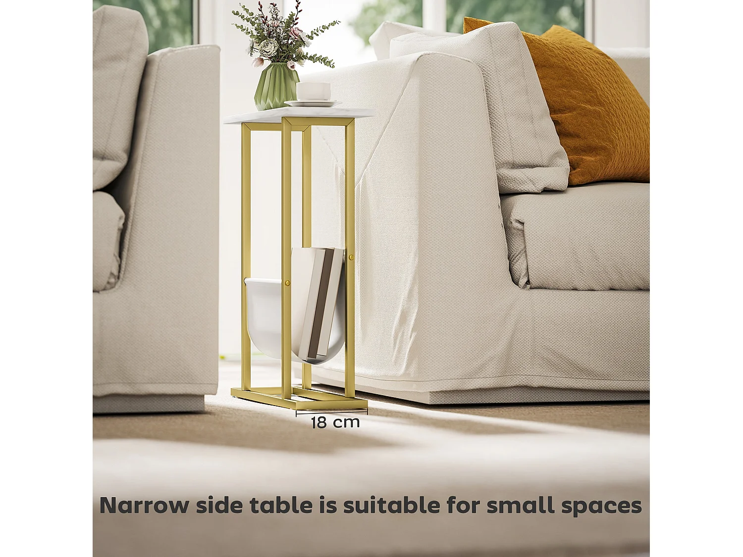 Vanozi Slim White Marble Grain Side Table with Gold Frame and Magazine Shelf