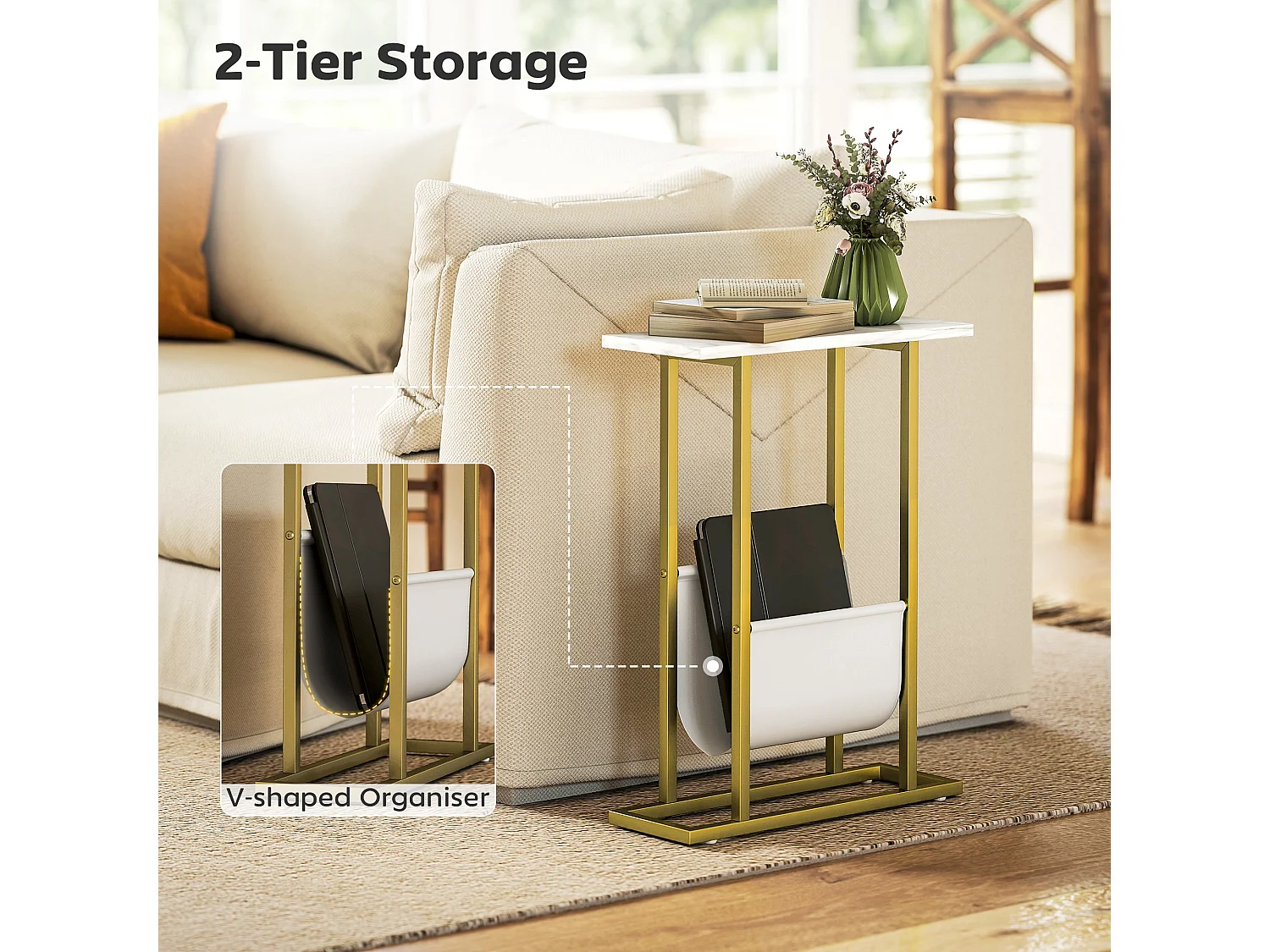 Vanozi Slim White Marble Grain Side Table with Gold Frame and Magazine Shelf