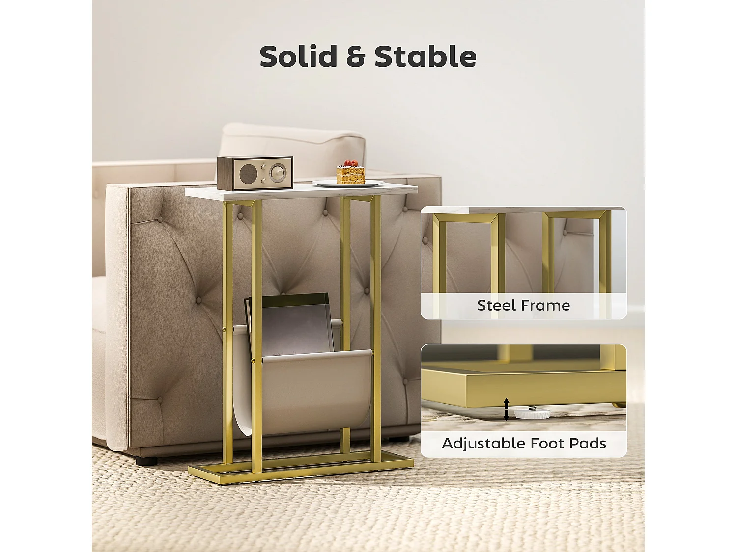 Vanozi Slim White Marble Grain Side Table with Gold Frame and Magazine Shelf