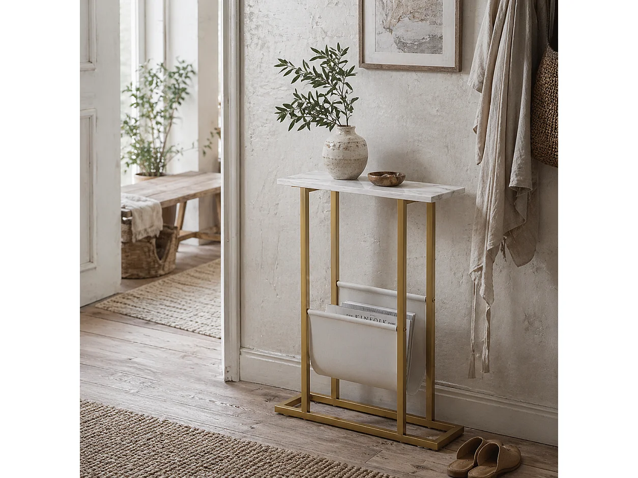 Vanozi Slim White Marble Grain Side Table with Gold Frame and Magazine Shelf