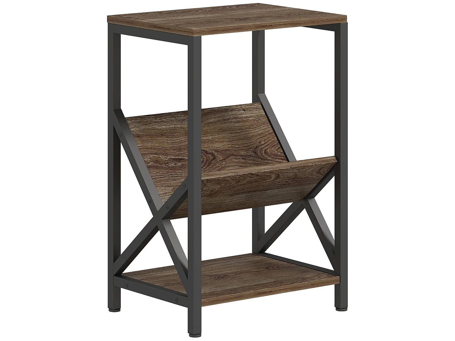 Elfi Nere Oak Narrow Side Table 3 Tier Storage with V Shaped Magazine Holder 40 x 30 x 61cm