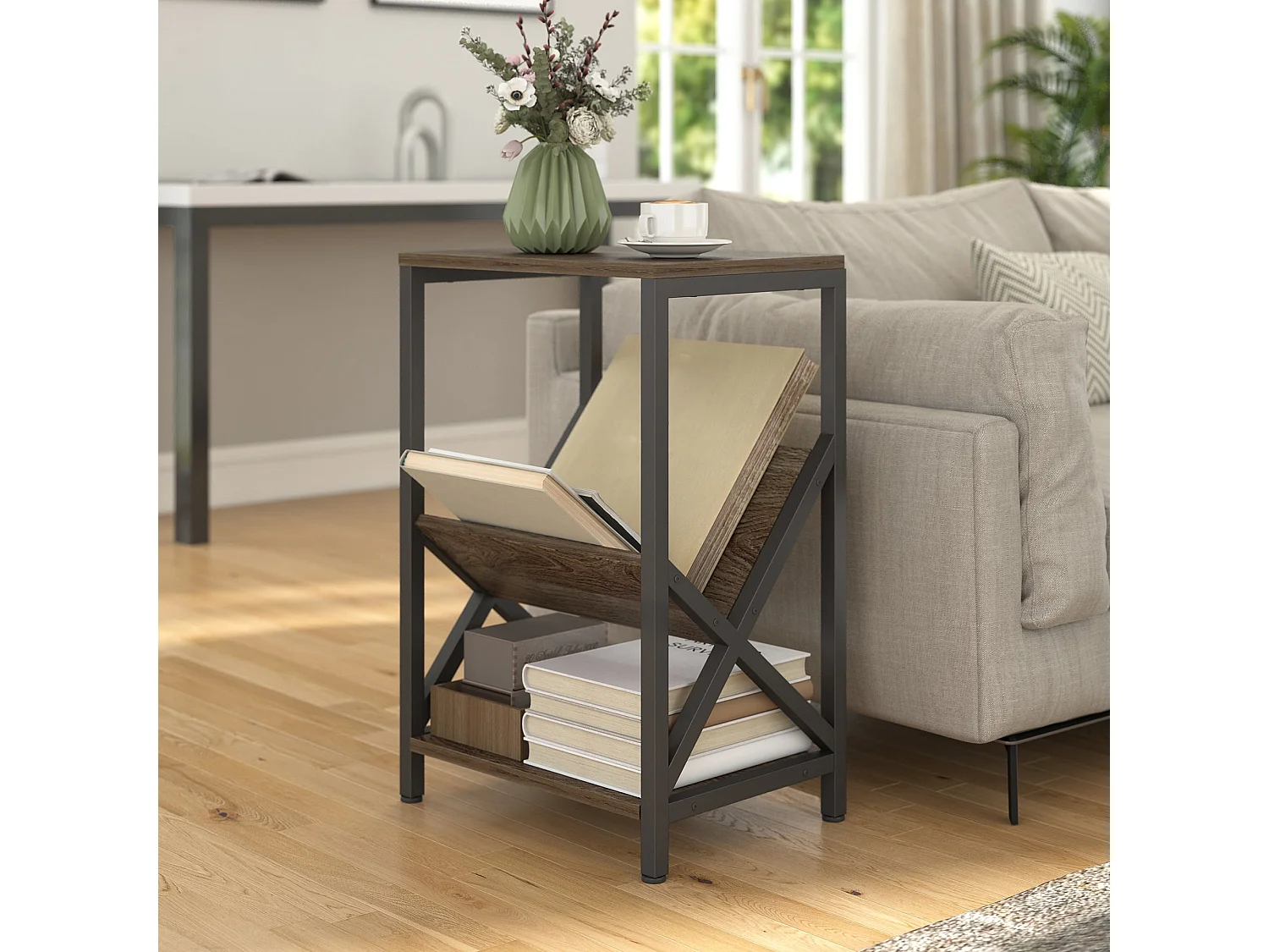 Elfi Nere Oak Narrow Side Table 3 Tier Storage with V Shaped Magazine Holder 40 x 30 x 61cm