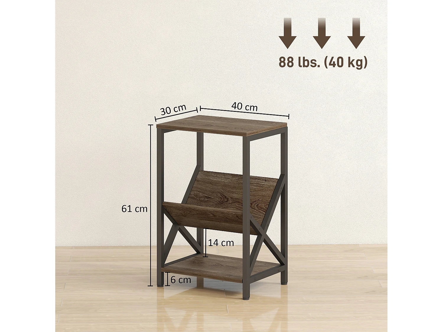 Elfi Nere Oak Narrow Side Table 3 Tier Storage with V Shaped Magazine Holder 40 x 30 x 61cm