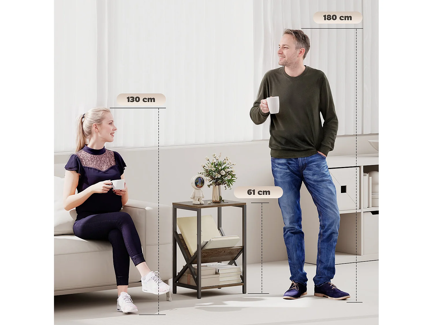 Elfi Nere Oak Narrow Side Table 3 Tier Storage with V Shaped Magazine Holder 40 x 30 x 61cm
