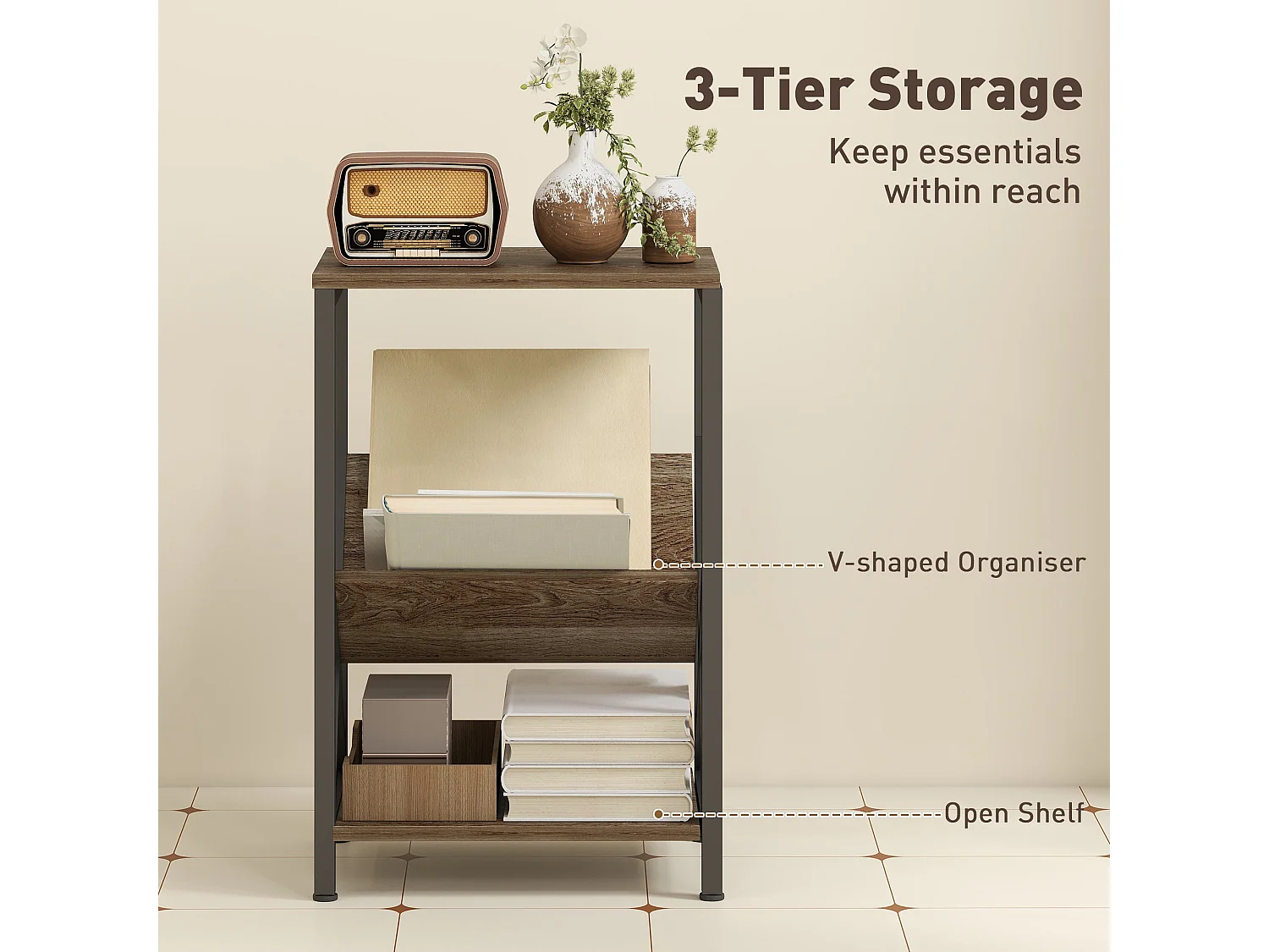 Elfi Nere Oak Narrow Side Table 3 Tier Storage with V Shaped Magazine Holder 40 x 30 x 61cm
