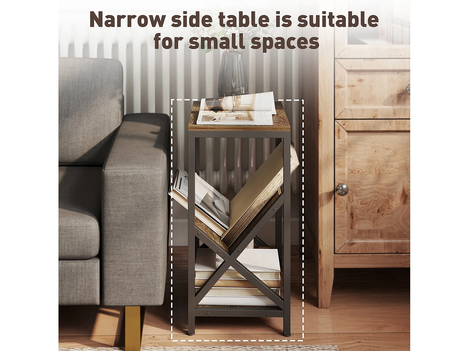 Elfi Nere Oak Narrow Side Table 3 Tier Storage with V Shaped Magazine Holder 40 x 30 x 61cm