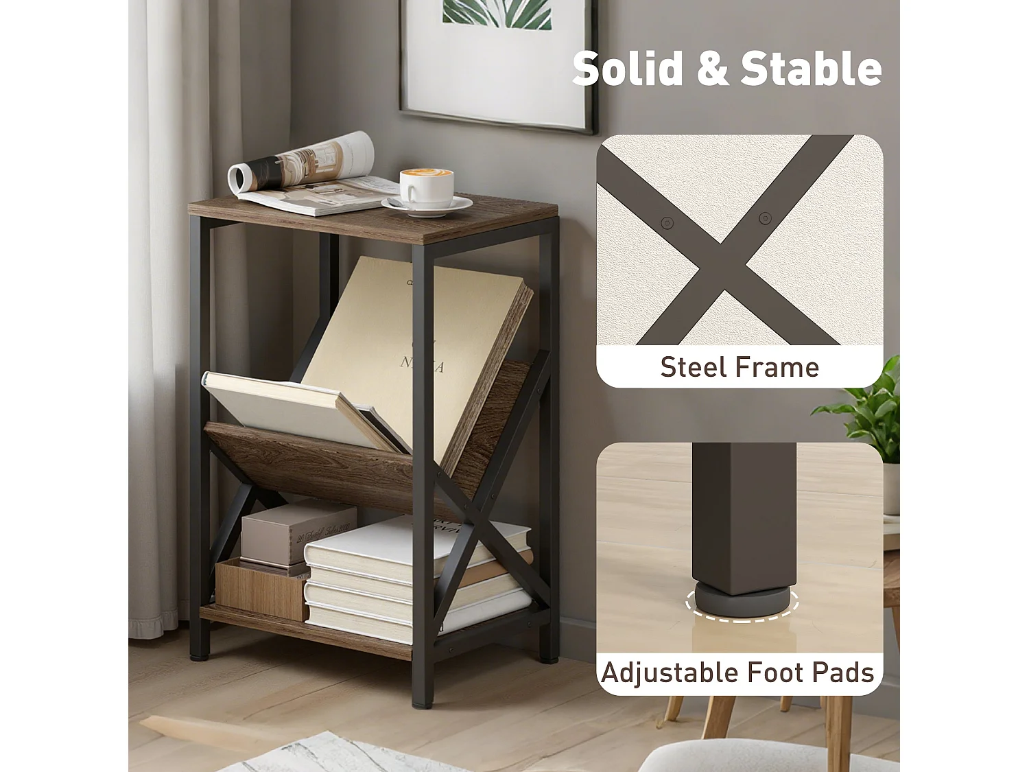 Elfi Nere Oak Narrow Side Table 3 Tier Storage with V Shaped Magazine Holder 40 x 30 x 61cm