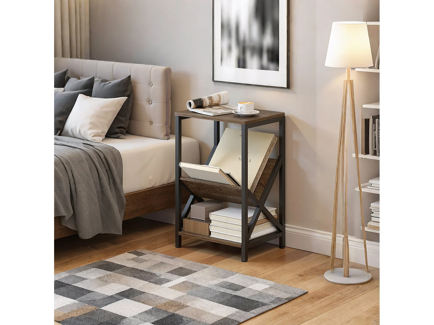 Elfi Nere Oak Narrow Side Table 3 Tier Storage with V Shaped Magazine Holder 40 x 30 x 61cm