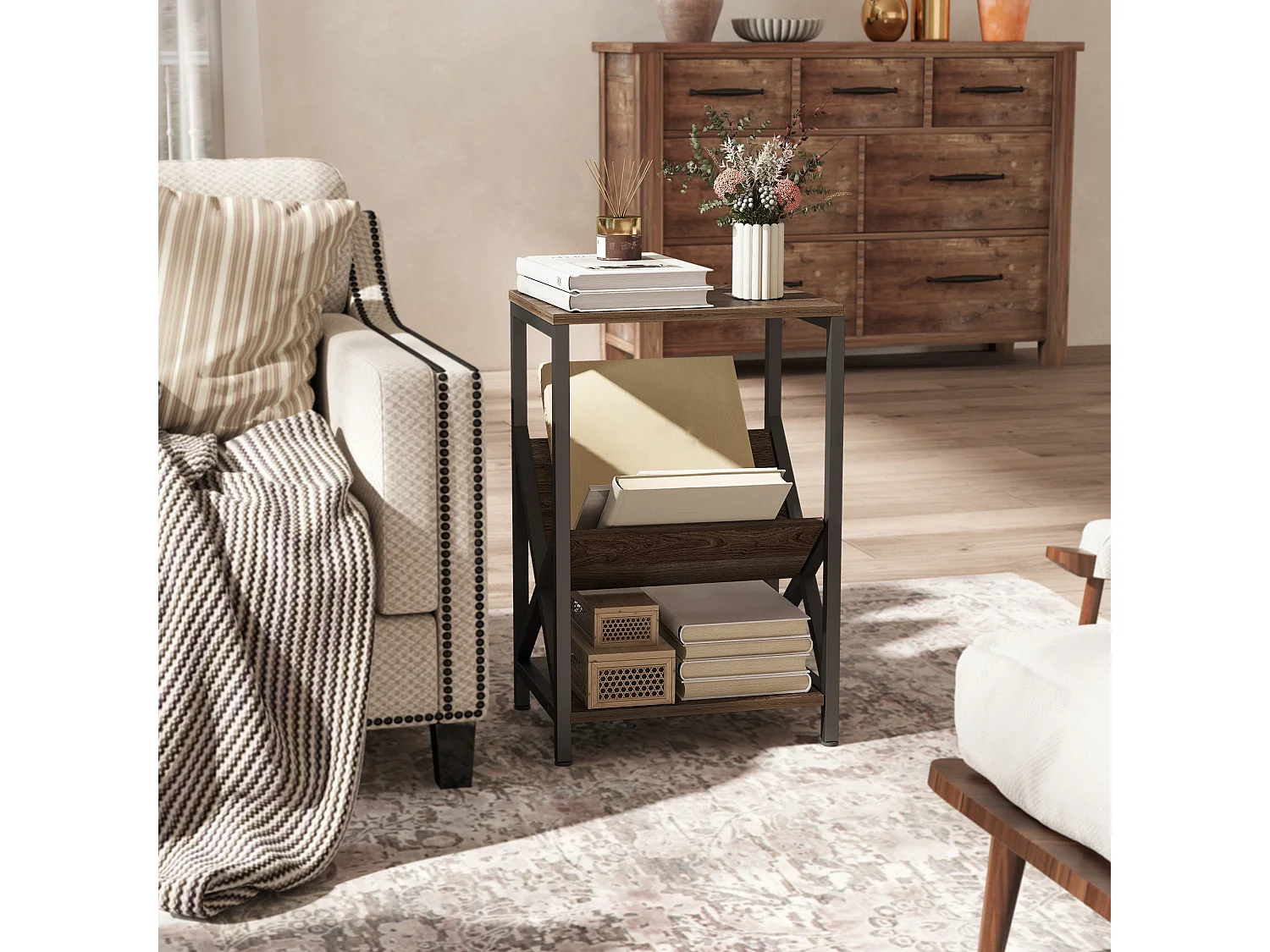 Elfi Nere Oak Narrow Side Table 3 Tier Storage with V Shaped Magazine Holder 40 x 30 x 61cm