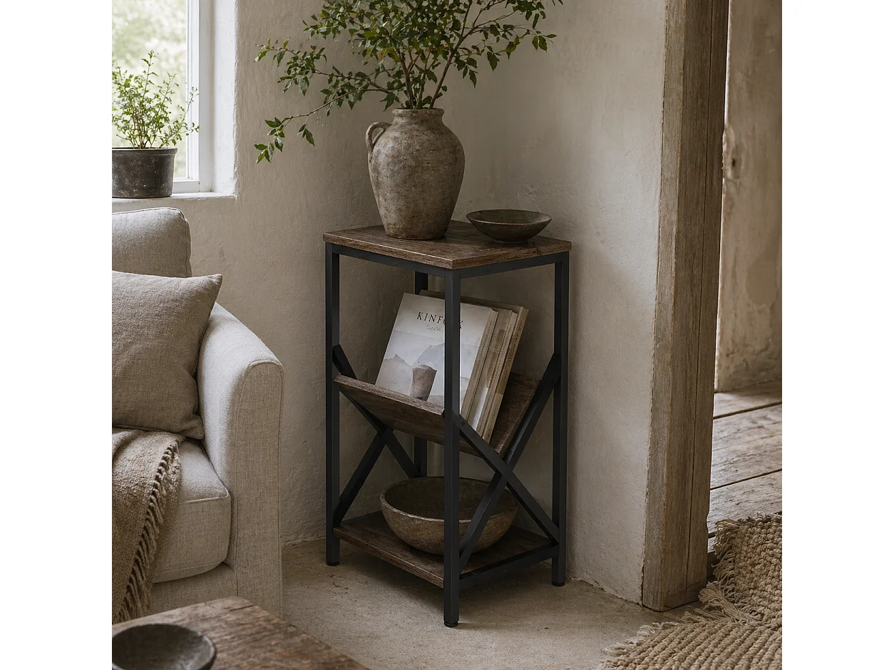 Elfi Nere Oak Narrow Side Table 3 Tier Storage with V Shaped Magazine Holder 40 x 30 x 61cm