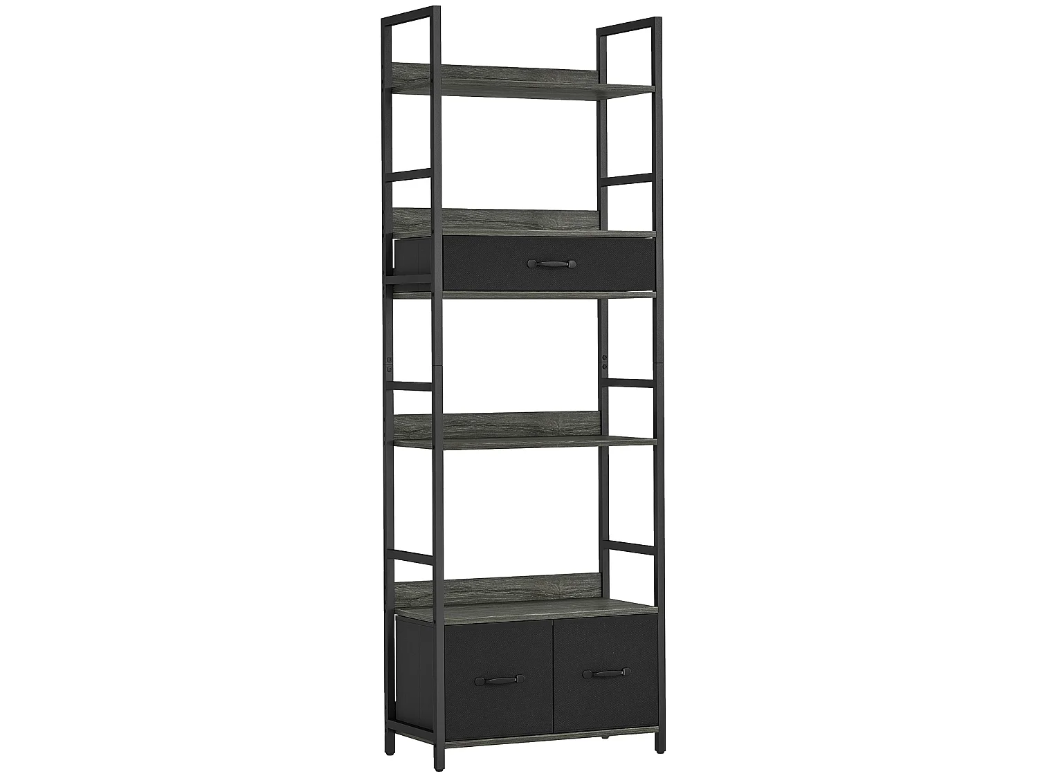 Laro Industrial Bookcase Grey and Black 4 Shelves with 3 Fabric Drawers