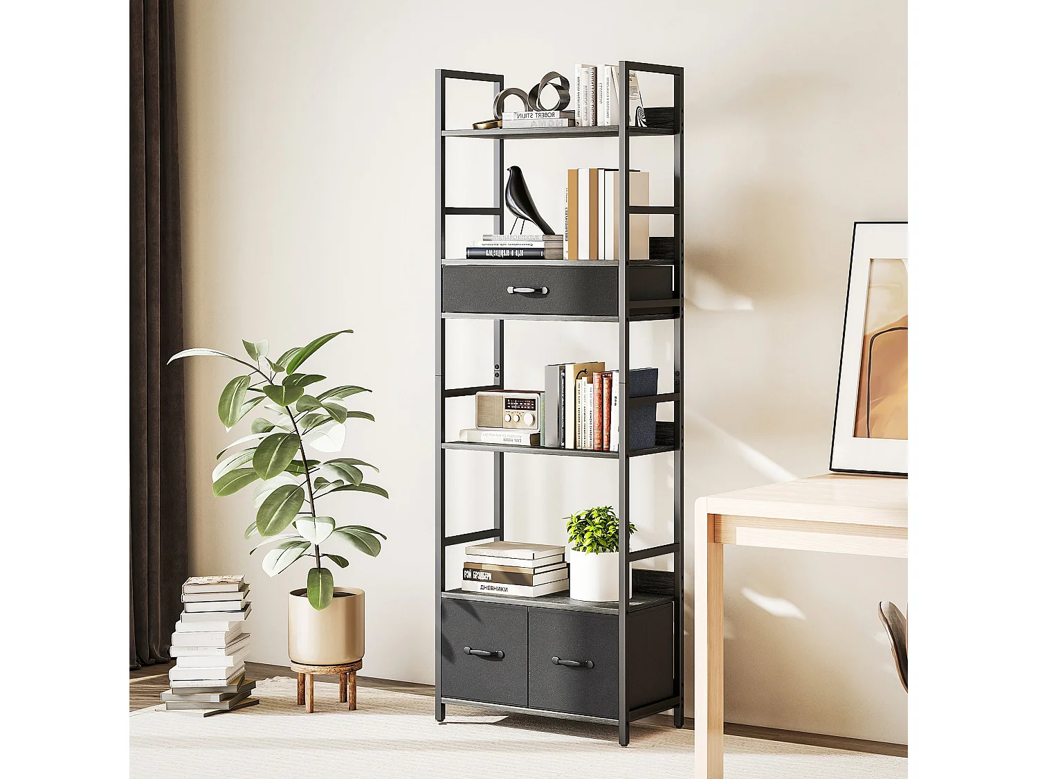 Laro Industrial Bookcase Grey and Black 4 Shelves with 3 Fabric Drawers