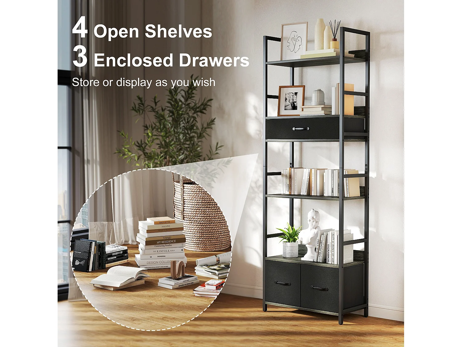 Laro Industrial Bookcase Grey and Black 4 Shelves with 3 Fabric Drawers