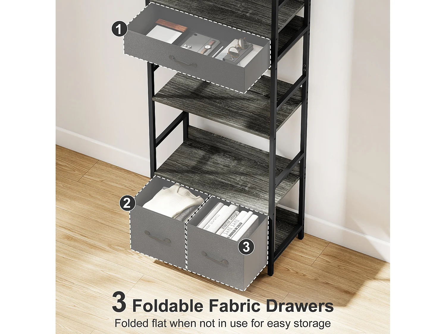 Laro Industrial Bookcase Grey and Black 4 Shelves with 3 Fabric Drawers