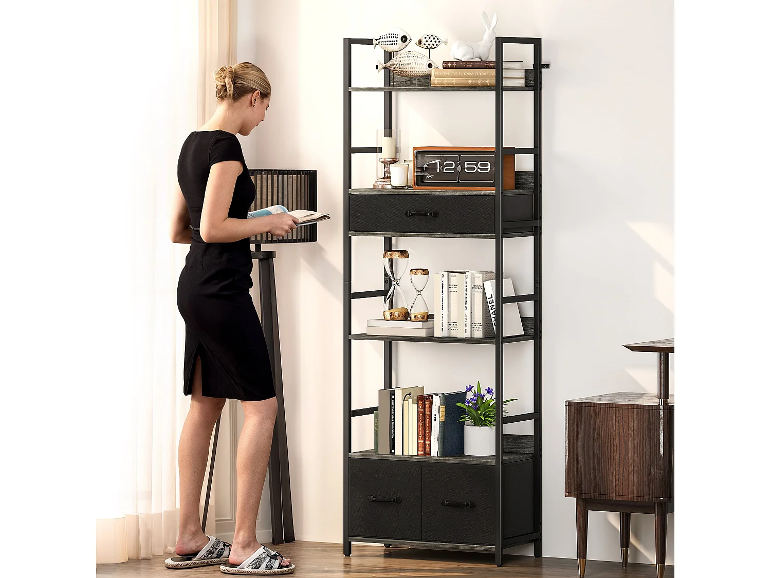 Laro Industrial Bookcase Grey and Black 4 Shelves with 3 Fabric Drawers