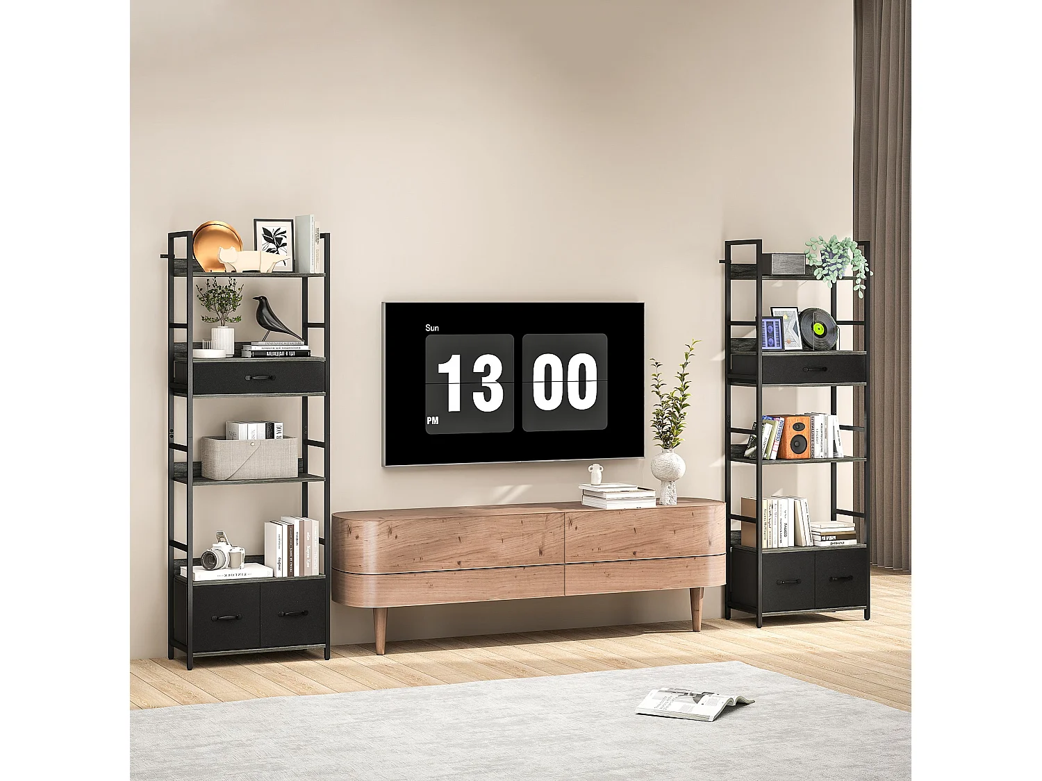 Laro Industrial Bookcase Grey and Black 4 Shelves with 3 Fabric Drawers