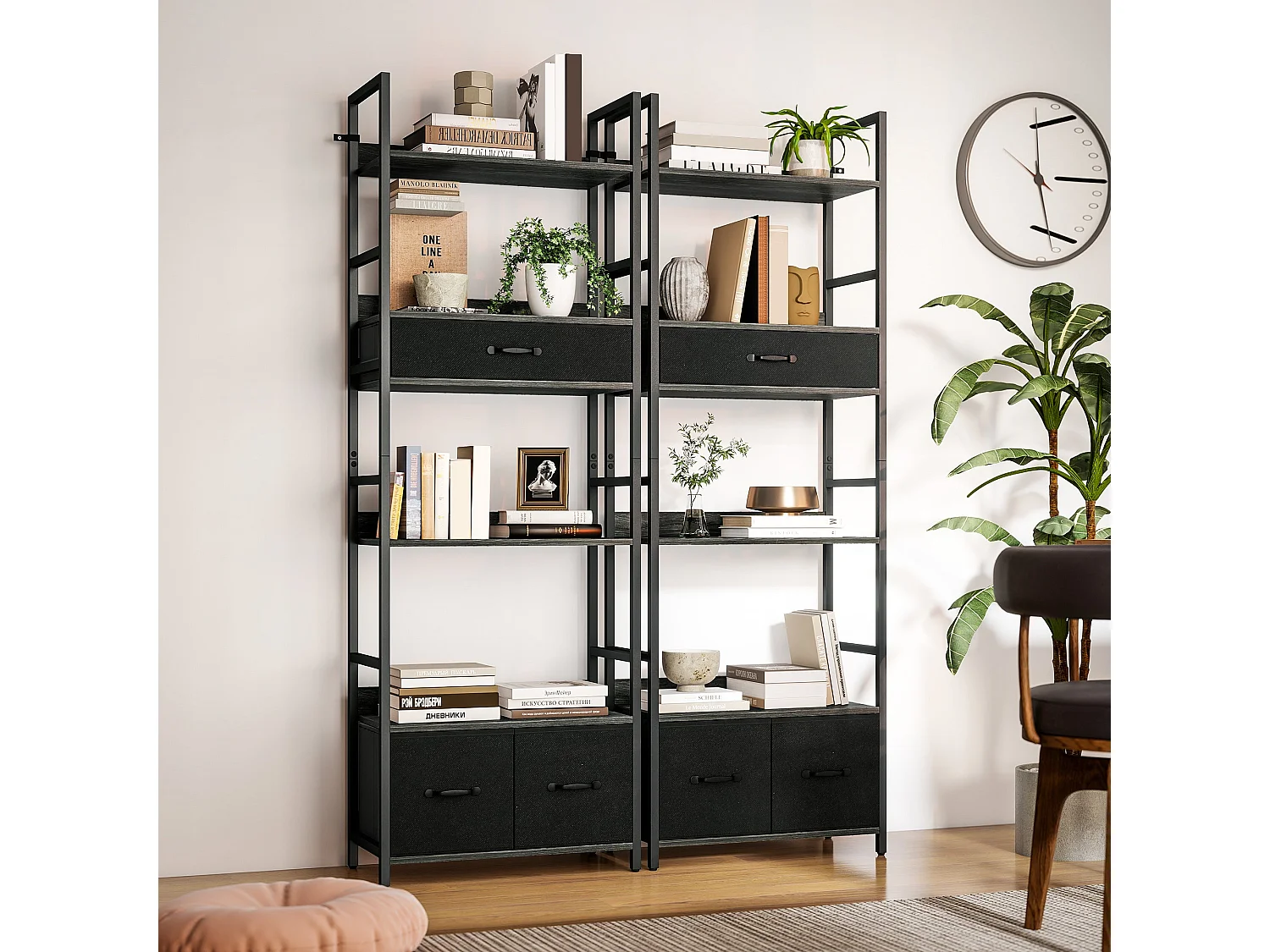Laro Industrial Bookcase Grey and Black 4 Shelves with 3 Fabric Drawers
