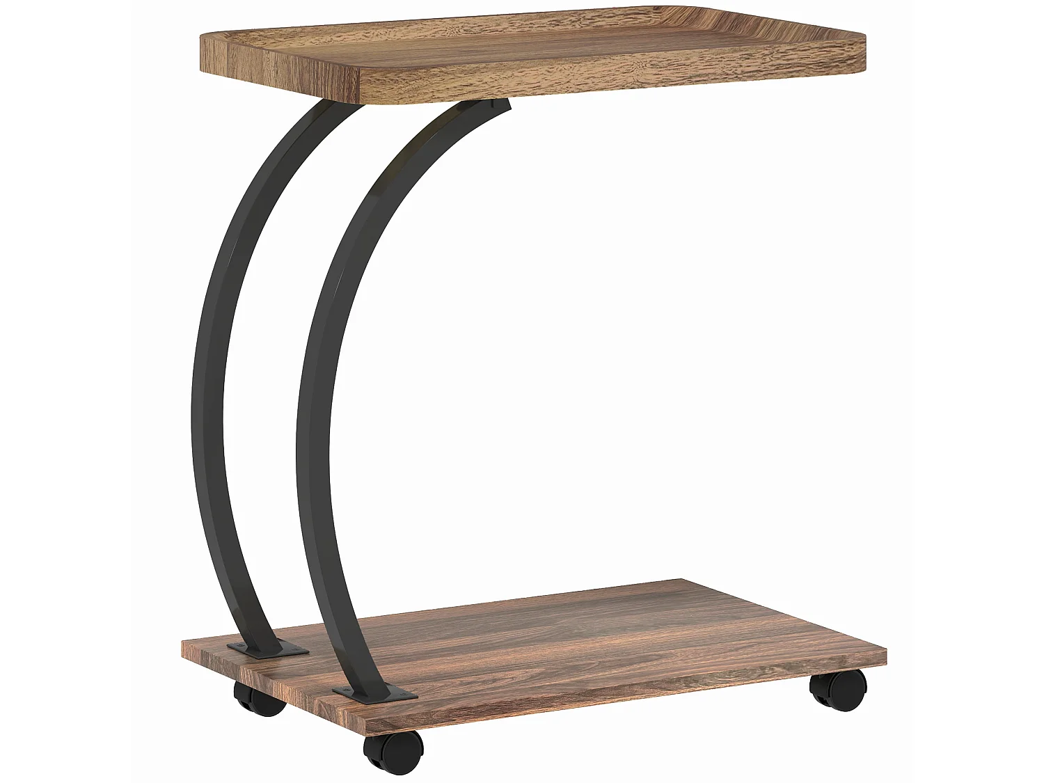 Netari Brown Wood and Black Metal 2 Tier Mobile C Shaped Side Table