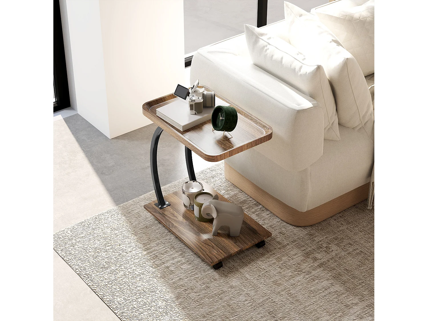 Netari Brown Wood and Black Metal 2 Tier Mobile C Shaped Side Table