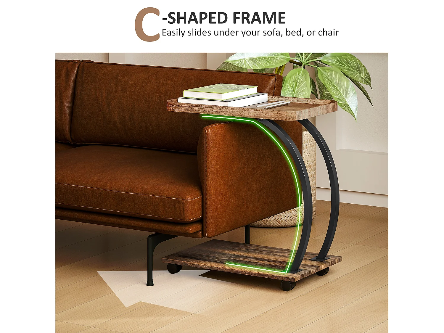 Netari Brown Wood and Black Metal 2 Tier Mobile C Shaped Side Table