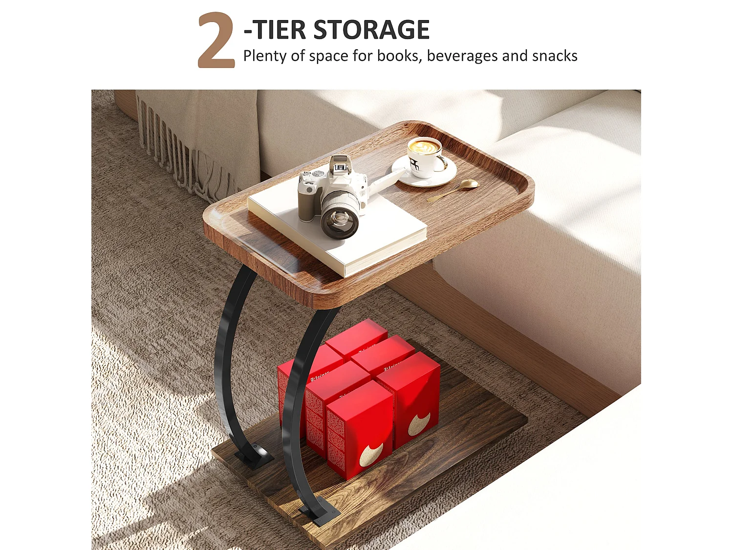 Netari Brown Wood and Black Metal 2 Tier Mobile C Shaped Side Table
