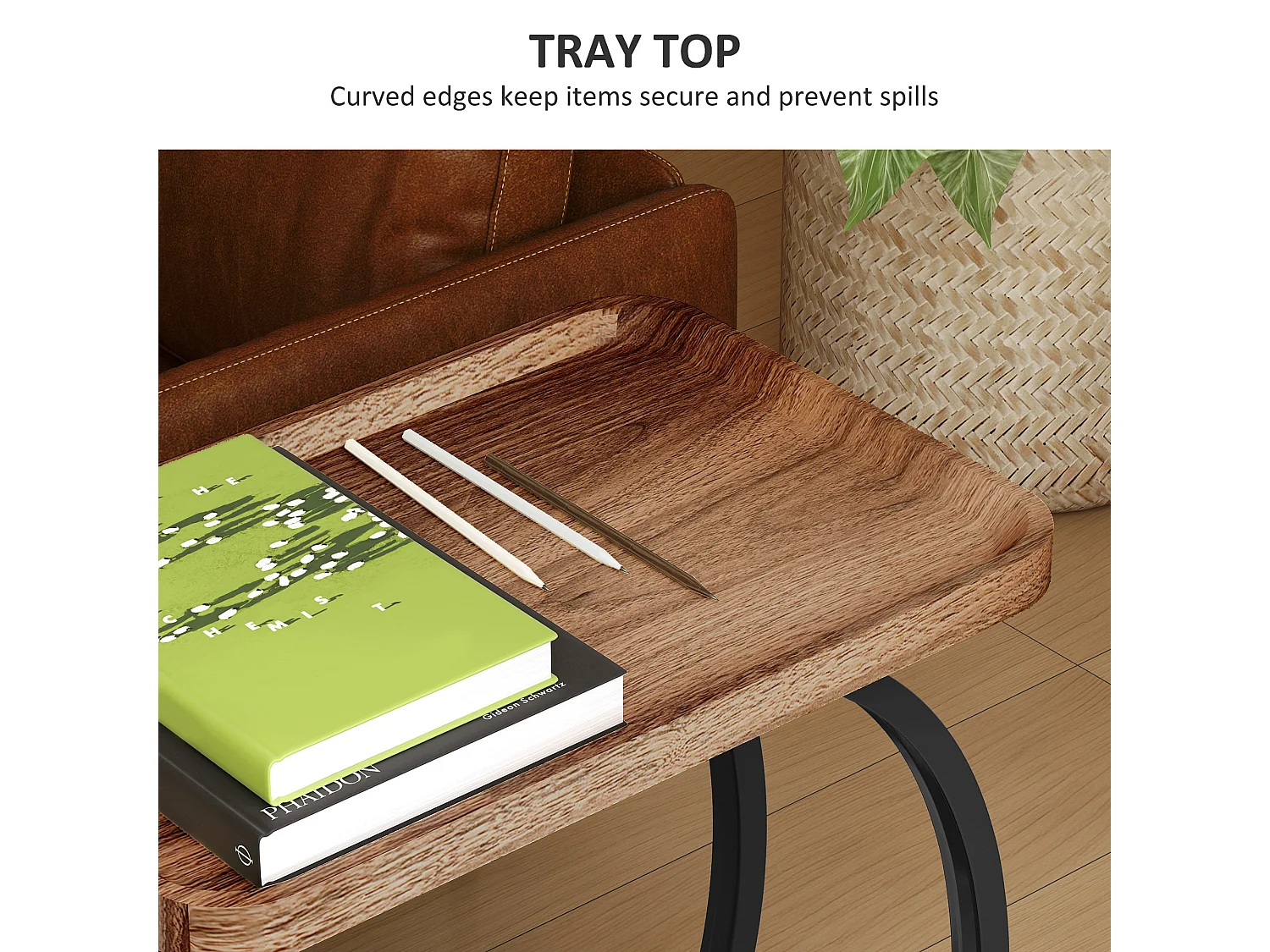 Netari Brown Wood and Black Metal 2 Tier Mobile C Shaped Side Table