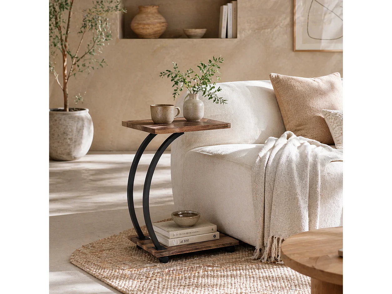 Netari Brown Wood and Black Metal 2 Tier Mobile C Shaped Side Table